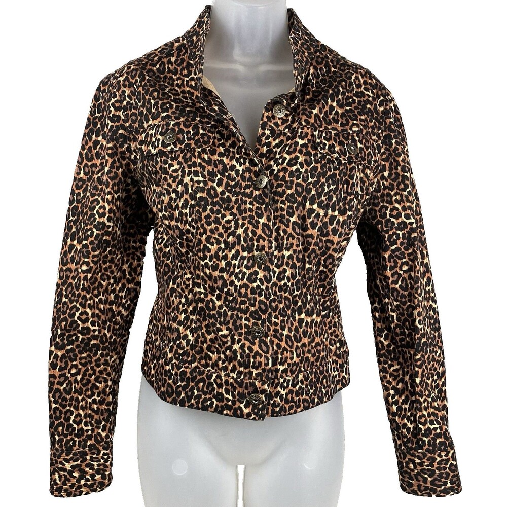 Y2K Eric Casual Leopard Print Cropped Fitted Cotton Jacket Size 12 Mob Wife 90s
